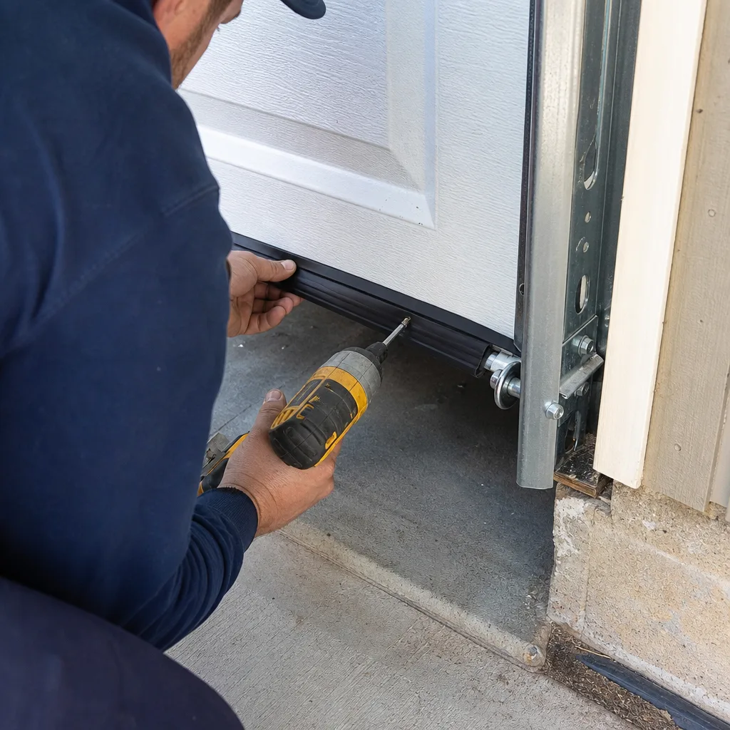 Technician installing a bottom weather seal on a residential garage door