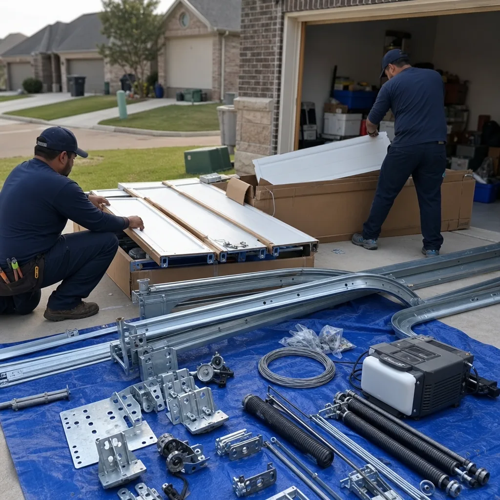 Professional technicians installing new garage door panels and hardware system