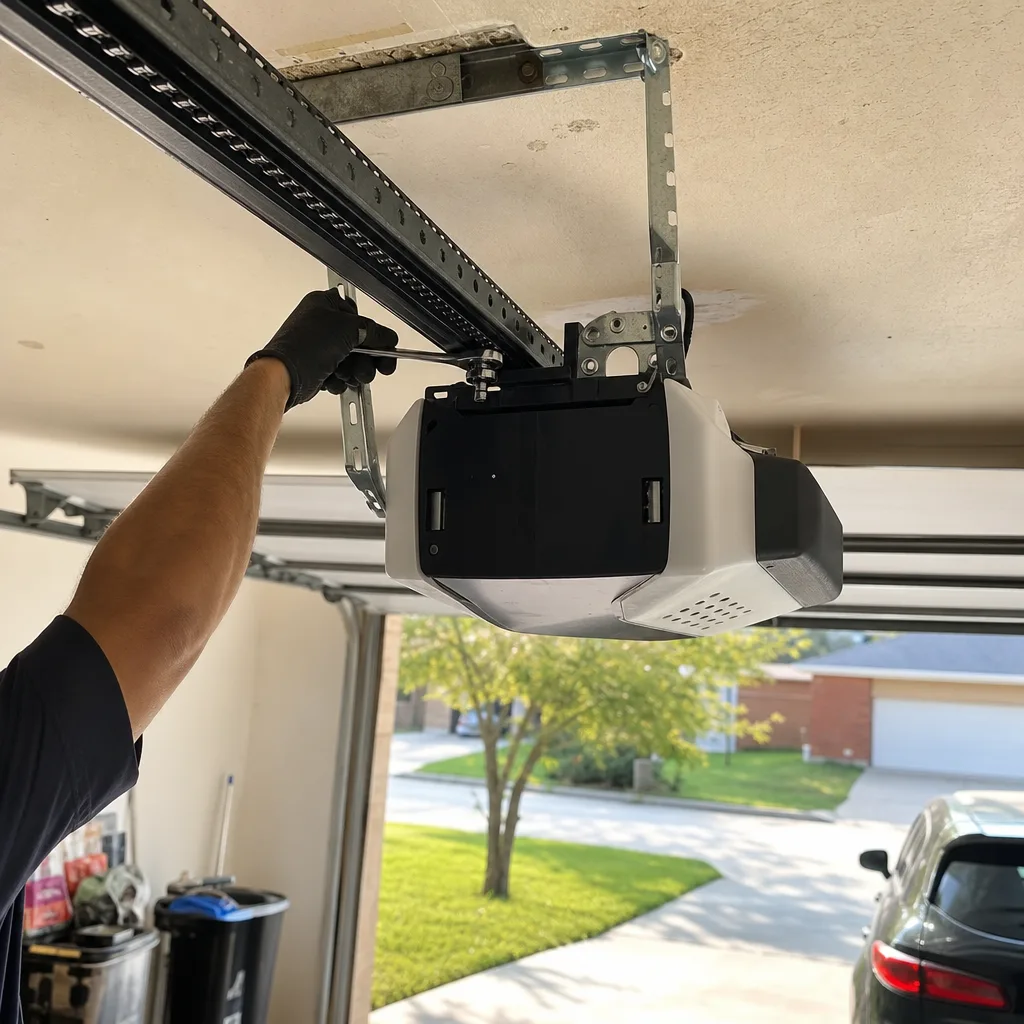 Technician performing garage door opener repair and installation