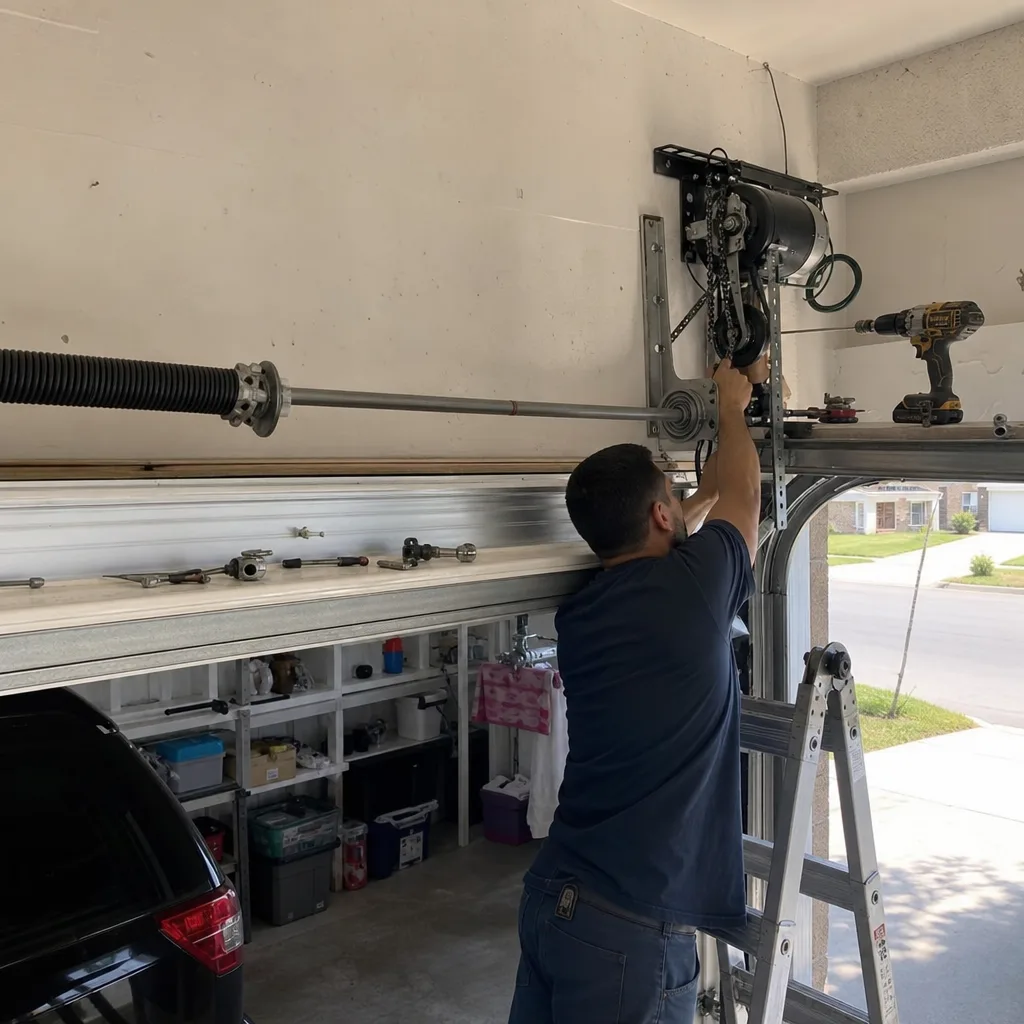 Technician performing professional garage door opener repair and installation