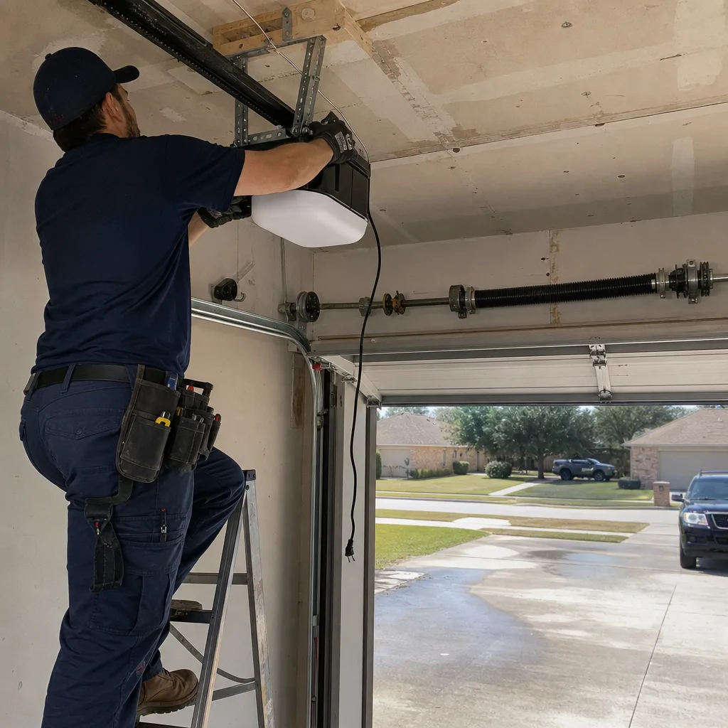 Technician performing garage door opener installation and repair