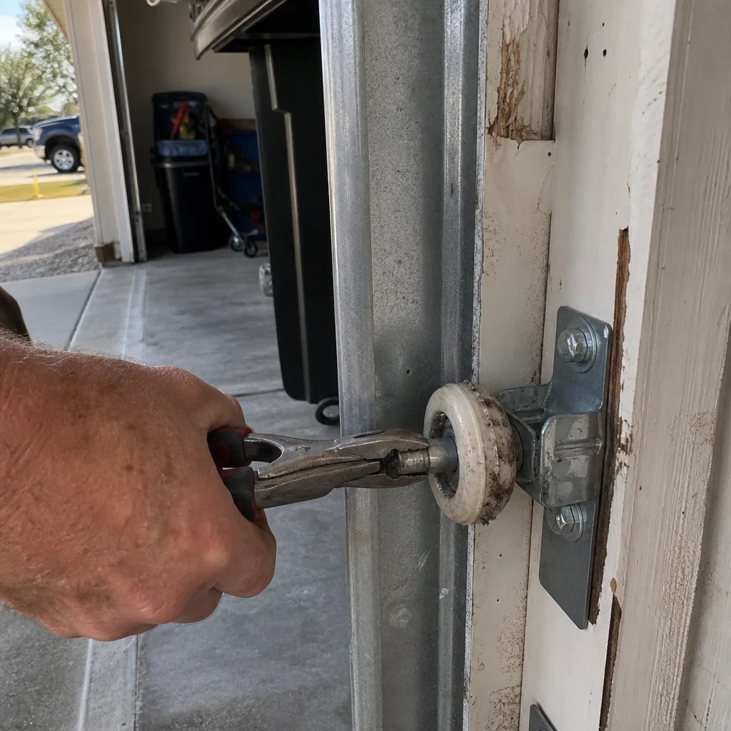 Technician repairing a garage door roller with pliers